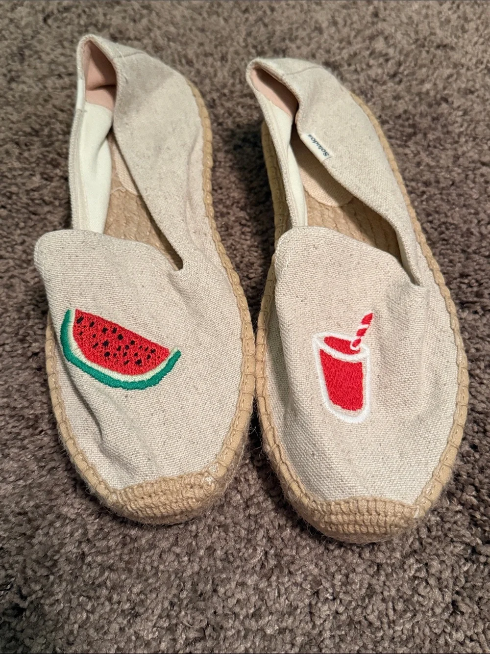 Soludos Natural Canvas Espadrilles with Watermelon & Drink Embroidery